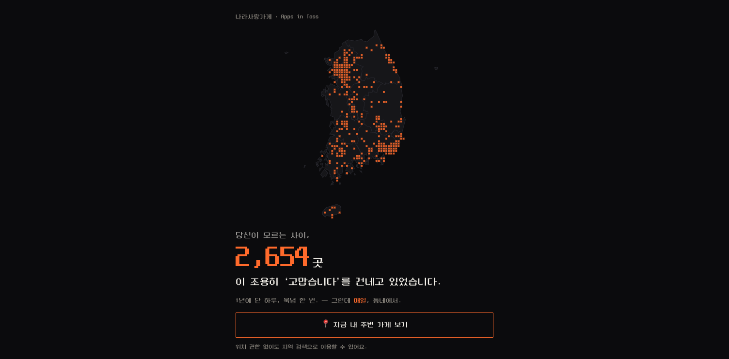 전국 나라사랑가게 분포를 픽셀로 표현한 예우 지도