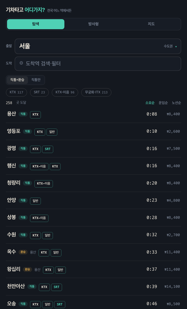 출발역에서 갈 수 있는 철도 여행지 목록 화면